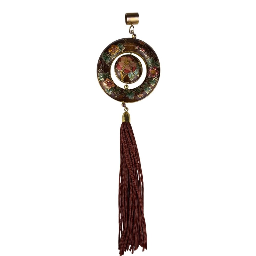 Cloisonné Enamel Brown Pendant With Tassel Florals & Pomegranate Motif